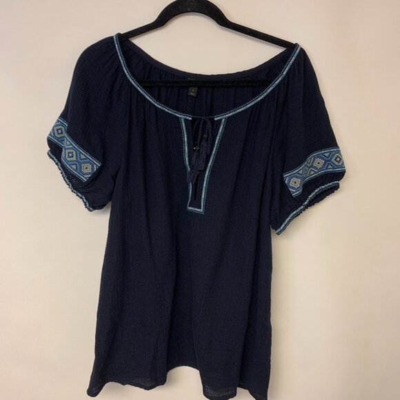 J. Crew Tops - JCrew Womens Blouse SZ Small Black Peasant Blue Aztec Trim Puff Sleeves Boho
